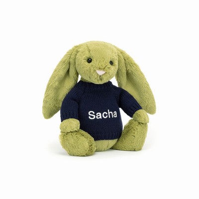 Jellycat Bashful Moss Bunny with Navy Jumper USA | 20146PXRD